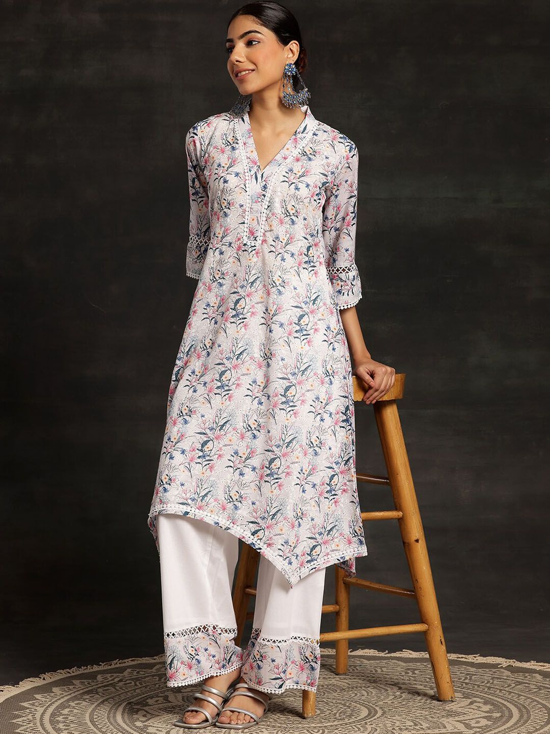 Libas Floral Printed V-Neck Regular Chikankari Kurta with Palazzos