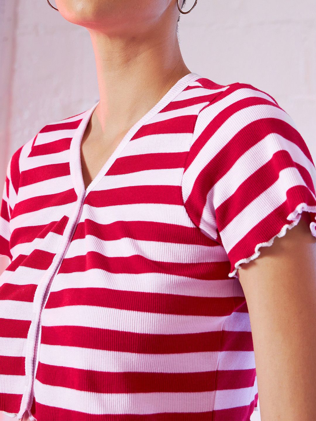 SASSAFRAS Red & White Striped Cotton V-Neck Crop Top