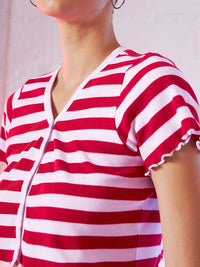 SASSAFRAS Red & White Striped Cotton V-Neck Crop Top