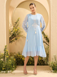 Antheaa Women Bishop Sleeve embroidered Chiffon A-Line Midi Dress