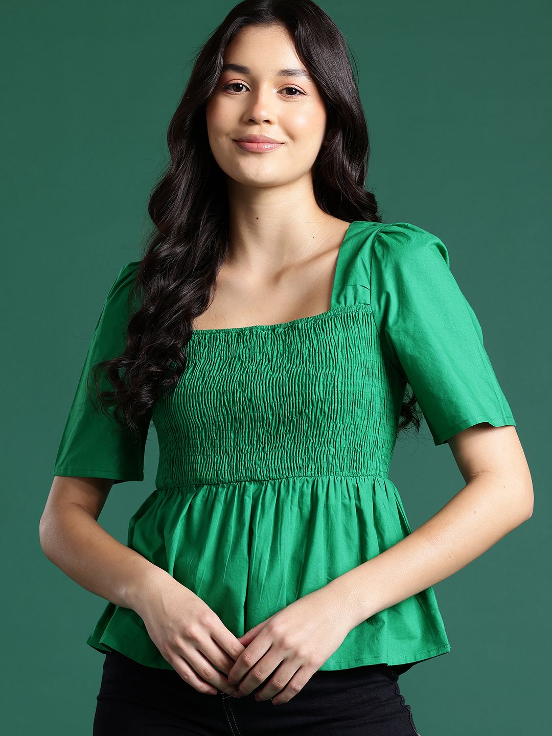 DressBerry Puff Sleeves Smocked Cotton Peplum Top
