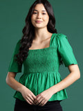 DressBerry Puff Sleeves Smocked Cotton Peplum Top