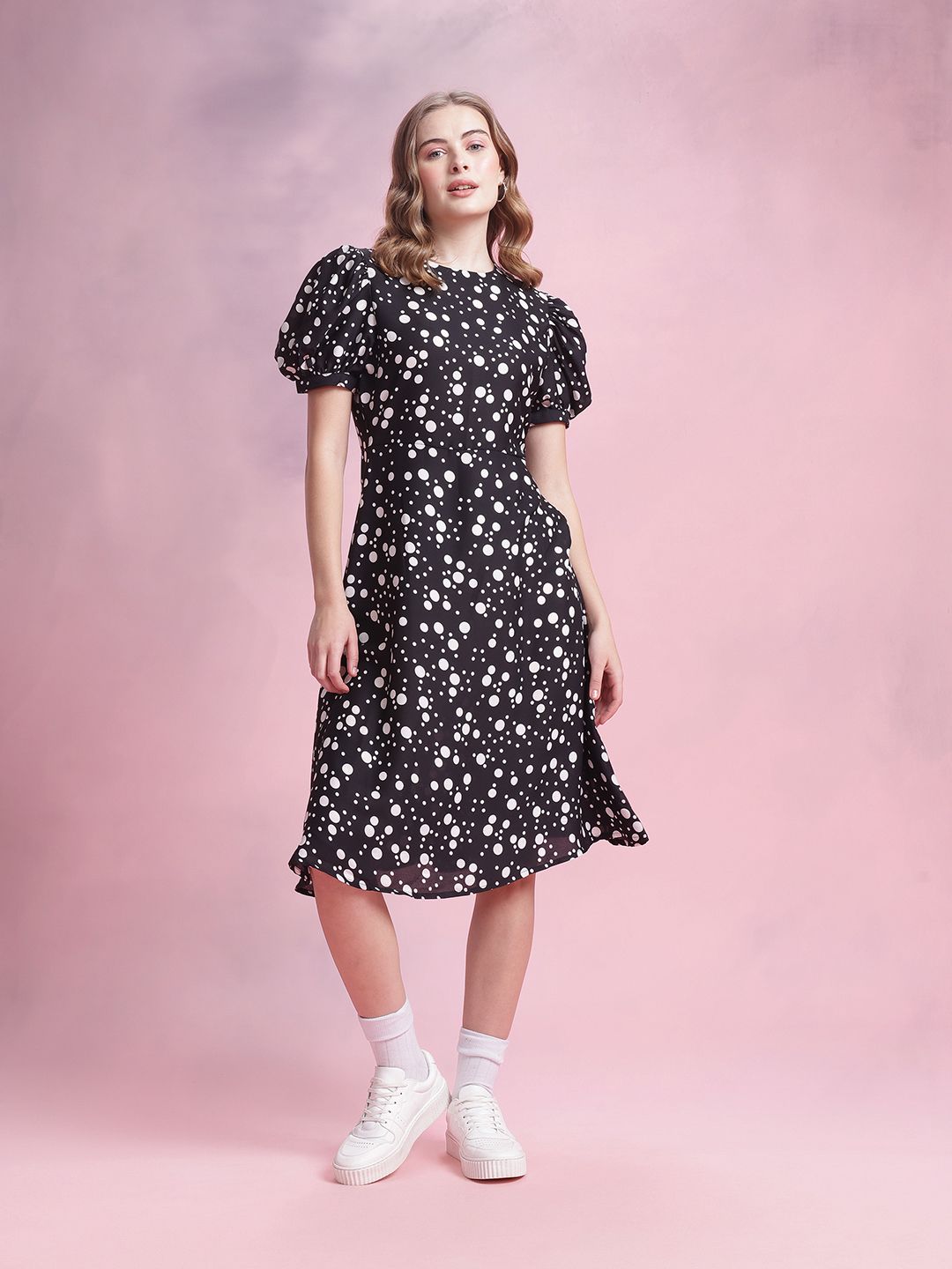 DressBerry Printed Puff Sleeve A-Line Midi Dress