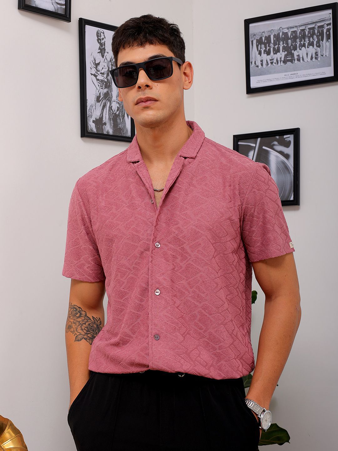 The Indian Garage Co Men Slim Fit Textured Terry Knit Resortwear Shirt