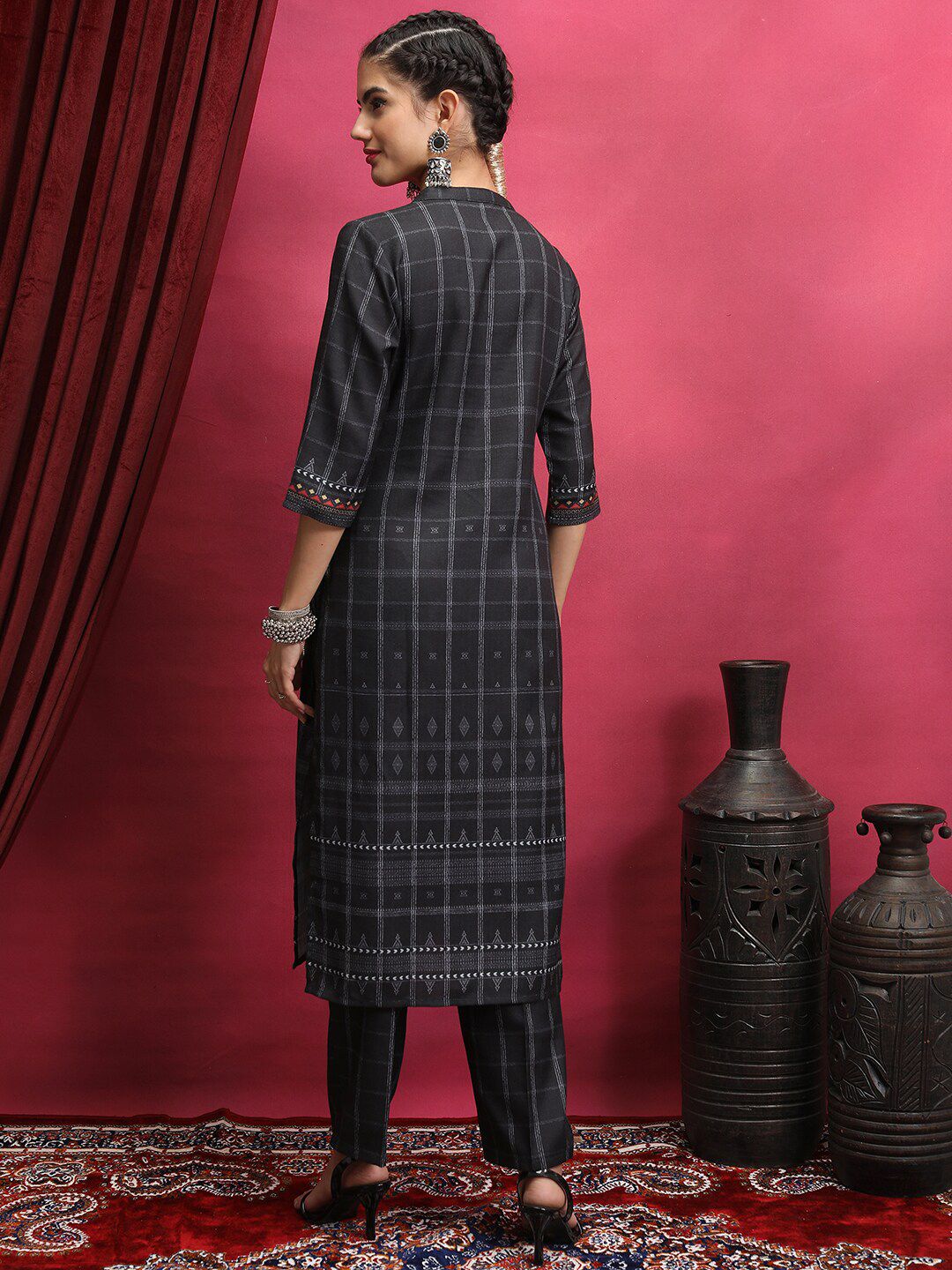 Vishudh Black Ethnic Motifs Printed Notch Neck Kurta With Trouser