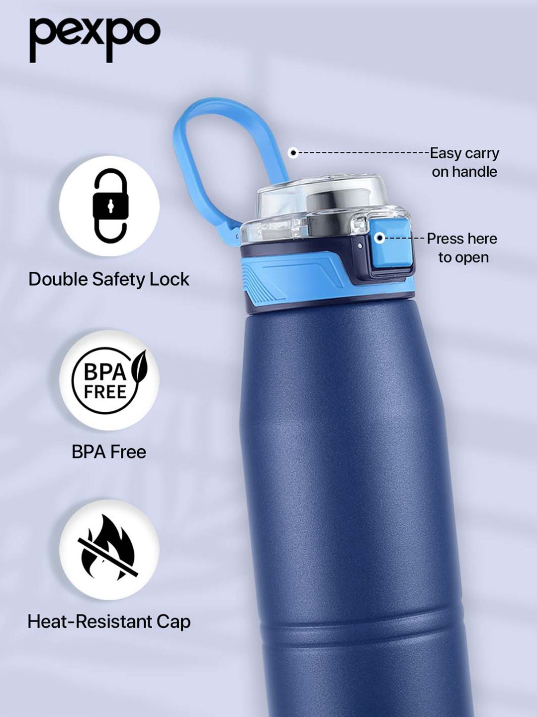 Pexpo Blue Printed Stainless Steel Double Wall Vacuum Water Bottle-940 ml