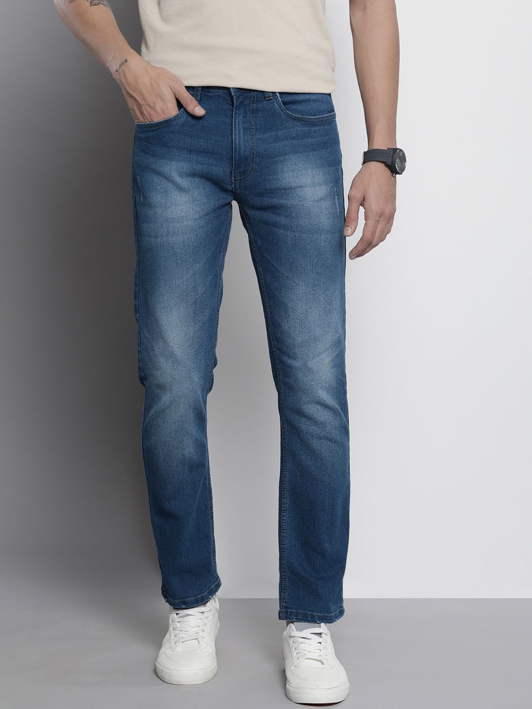 The Indian Garage Co Men Navy Blue Slim Straight Fit Light Fade Stretchable Jeans