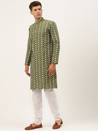 SOJANYA Men Green Ethnic Motifs Embroidered Thread Work Kurta with Churidar