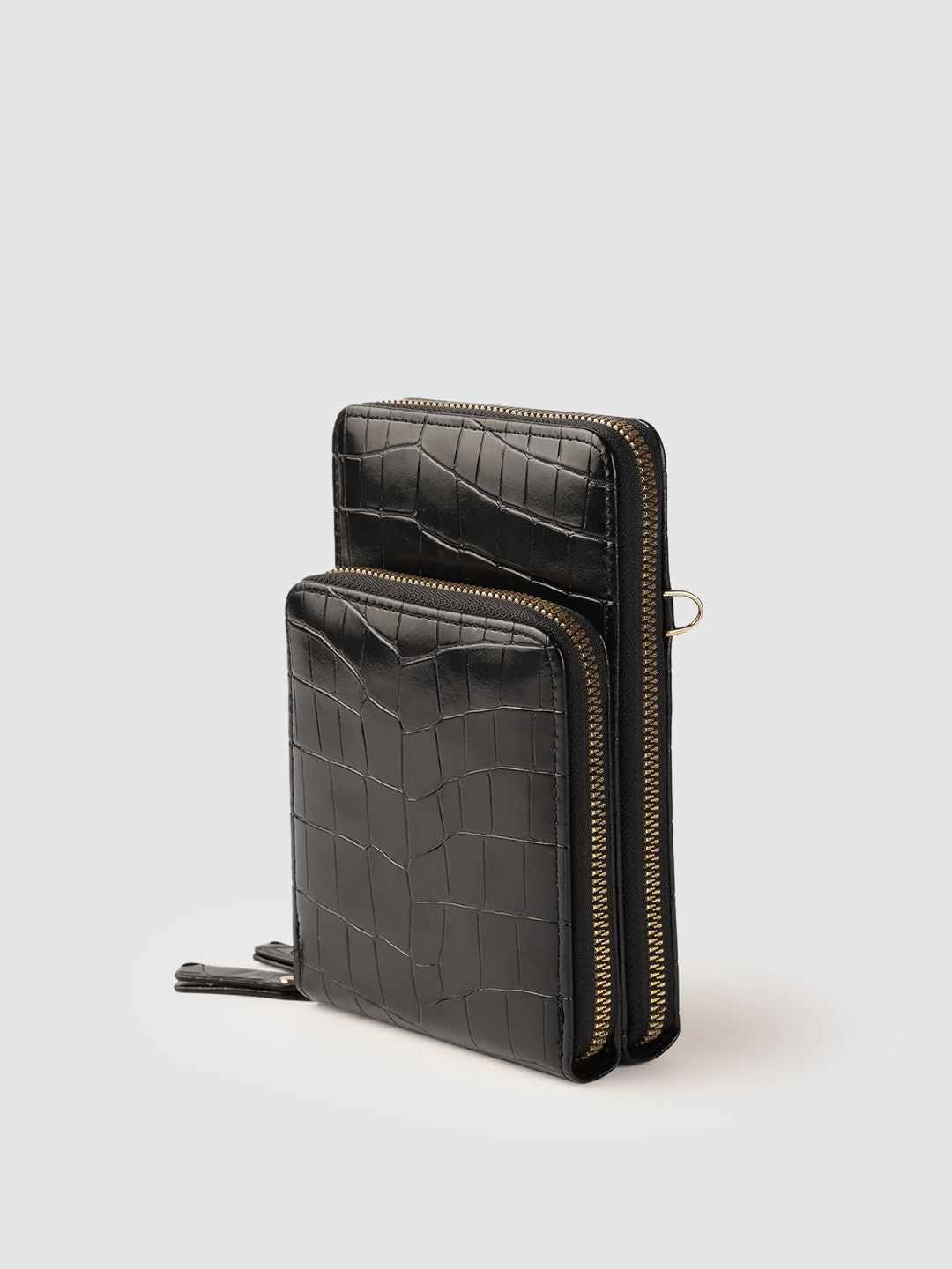 Lino Perros Black Croc Textured Structured Sling Bag with Detachable Sling Strap