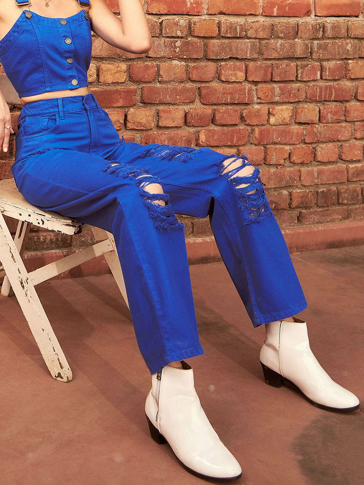 SASSAFRAS Women Blue Straight Fit High-Rise Highly Distressed Pure Cotton Jeans