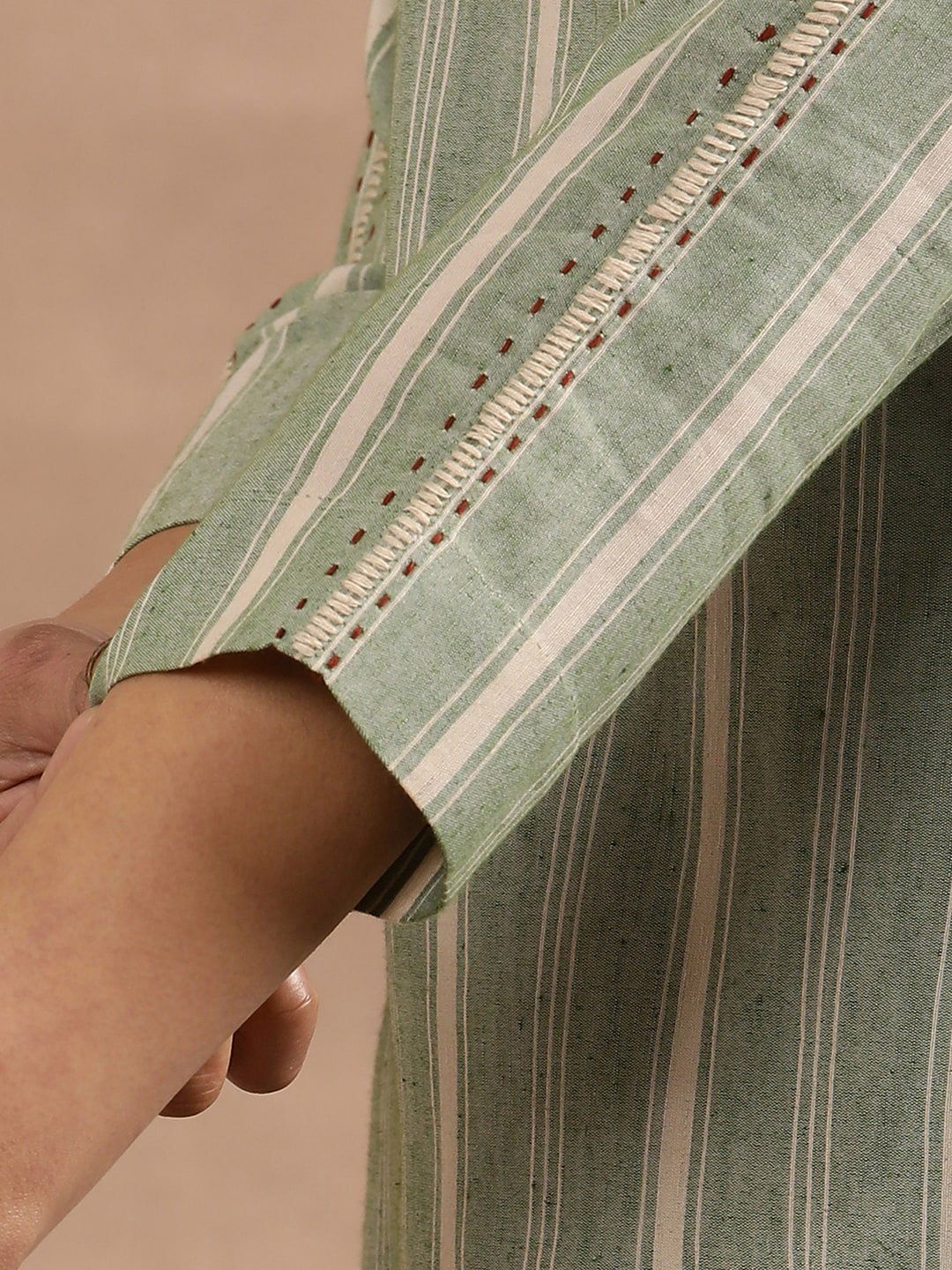 W Green Striped Round Neck Straight Kurta