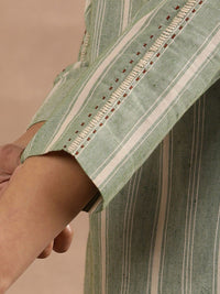 W Green Striped Round Neck Straight Kurta