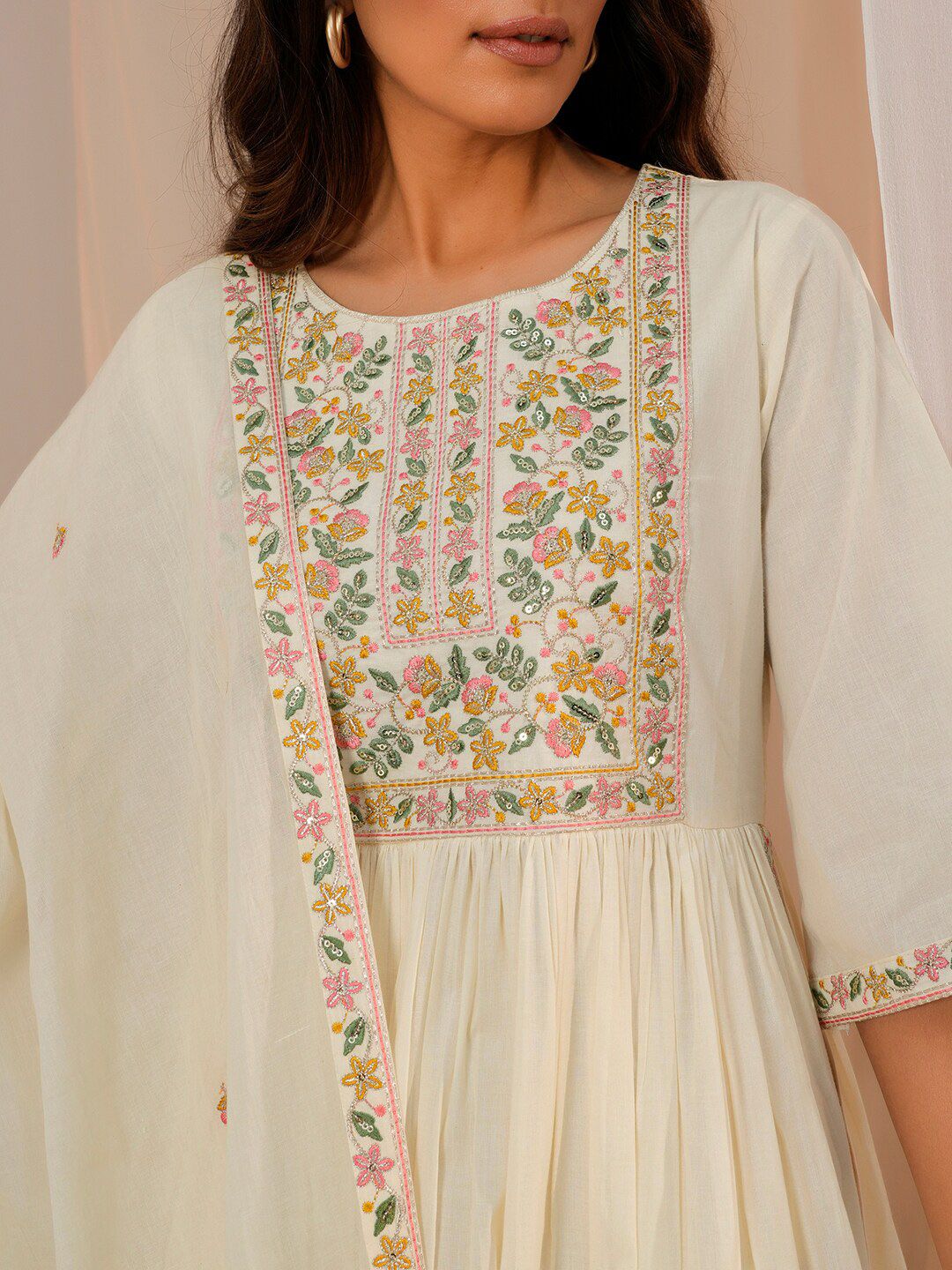 Libas Floral Yoke Design Pleated Thread Work Pure Cotton Kurta With Palazzos & Dupatta