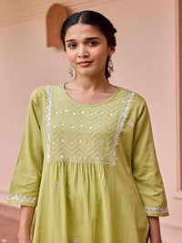 Rumah Chikankari Wanita Pista Green Cotton Chikankari Sulam Kurta