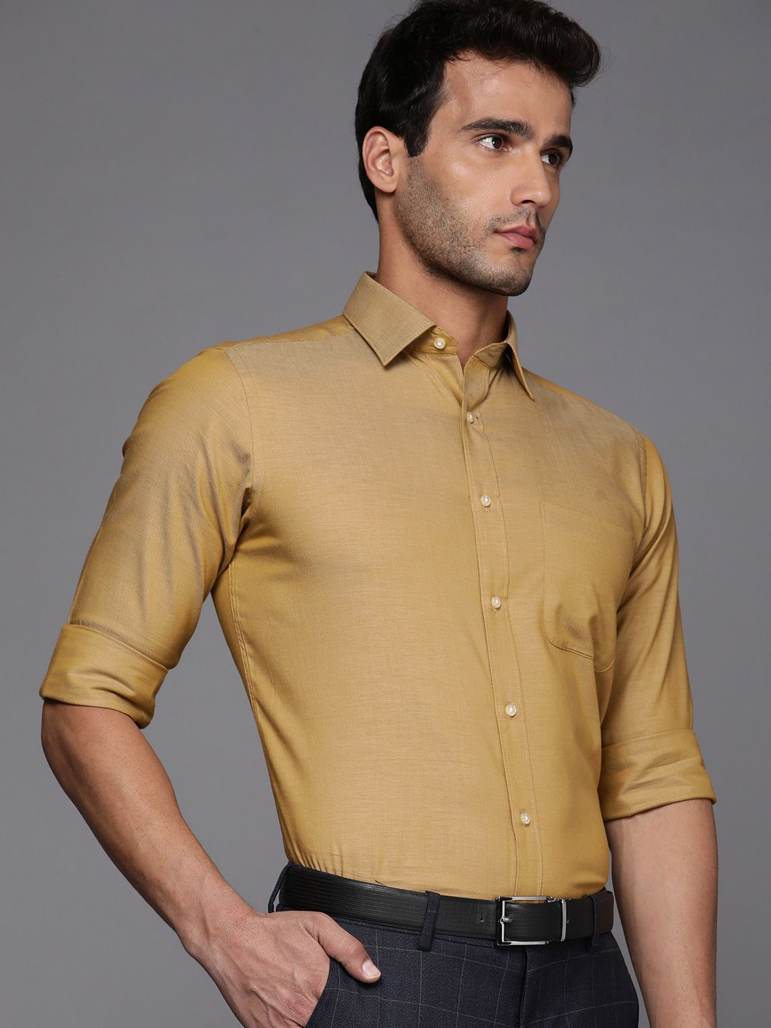 Raymond Men Khaki Solid Slim Fit Pure Cotton Formal Shirt