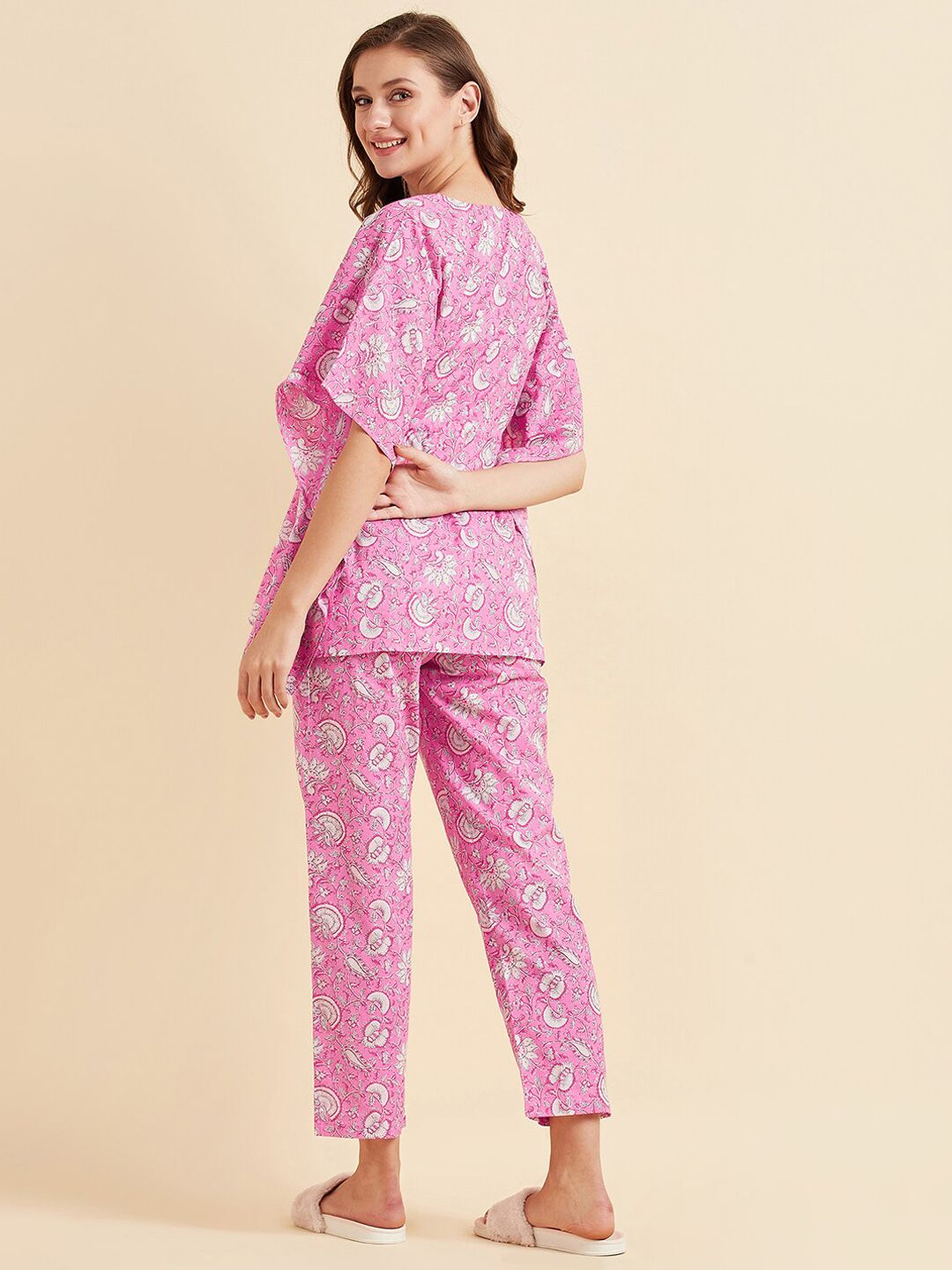 Sweet Dreams Pink & White Ethnic Motifs Printed Pure Cotton Night Suit