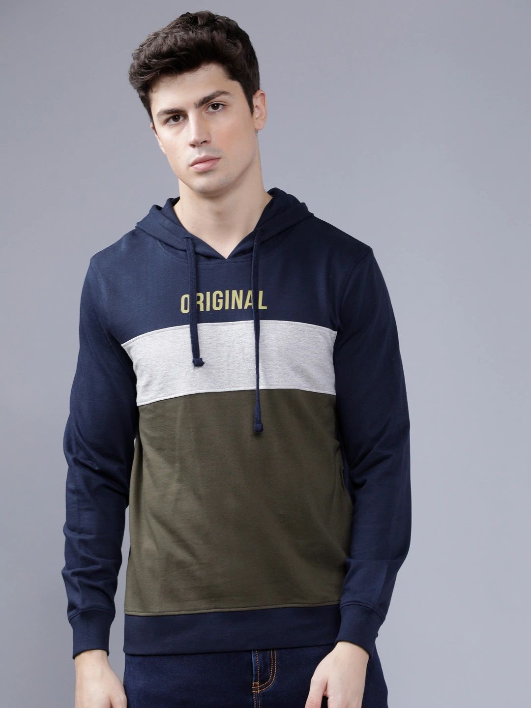 The Indian Garage Co Men Olive Green & White Colourblocked Hooded Sweatshirt