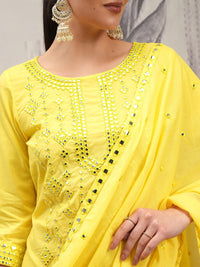 Vishudh Yellow Round Neck Ethnic Motifs Embroidered Pure Cotton Straight Kurta Set