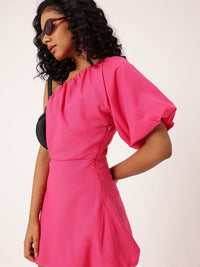 DressBerry Cute Chic One Shoulder Gathers Puff Sleeve Mini A-Line Dress