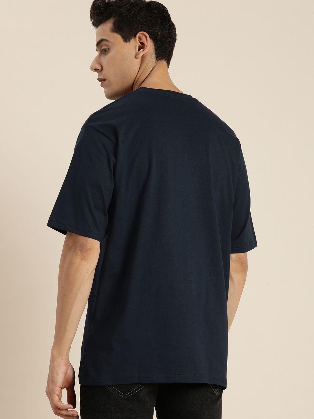 DILLINGER Men Navy Blue & Red Typography Printed Drop-Shoulder Sleeves Pure Cotton Oversized T-shirt