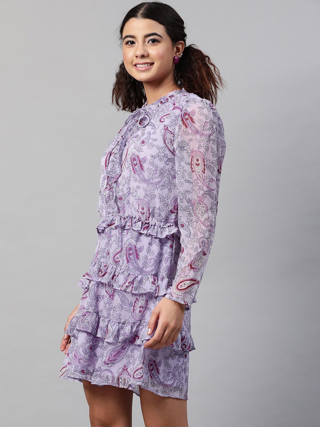 STREET 9 Woman Lavender Floral Tie-Up Neck Shirt Dress