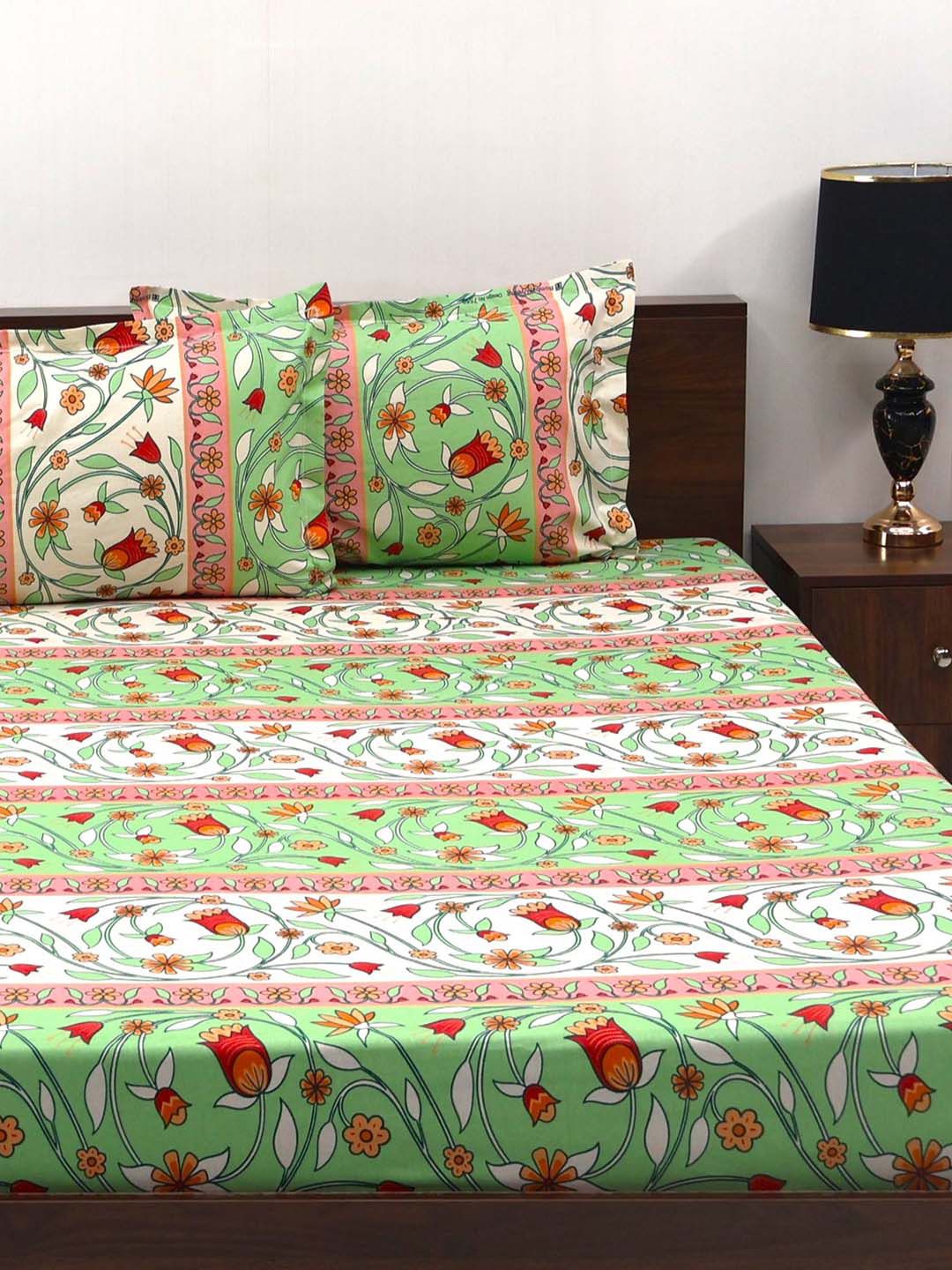 BOMBAY DYEING Cardinal Olive Green Floral 120 TC Cotton Queen Bedsheet Set-2.24 m X 2.54 m