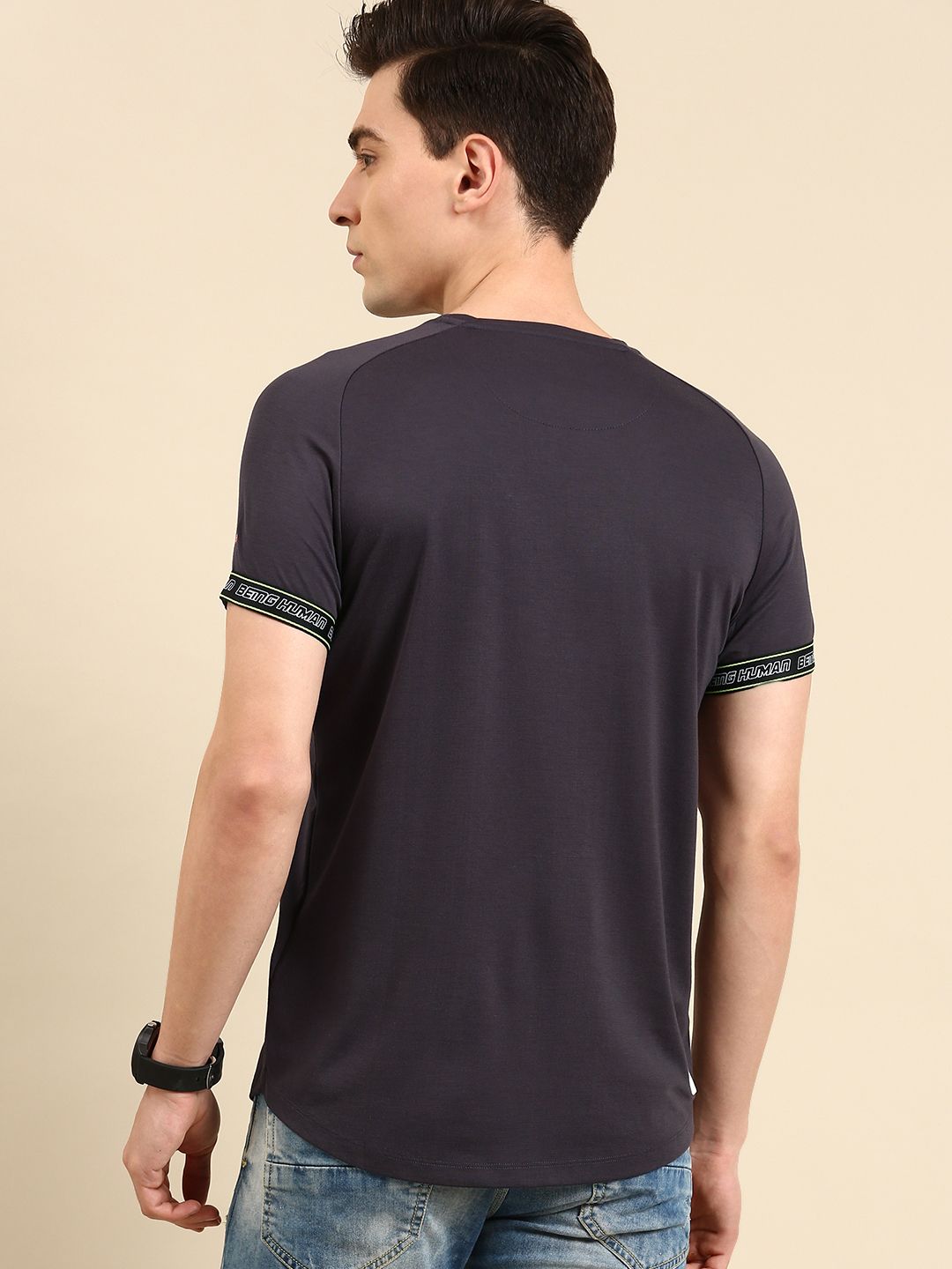 Being Human Men Solid Pure Cotton Applique Casual T-shirt