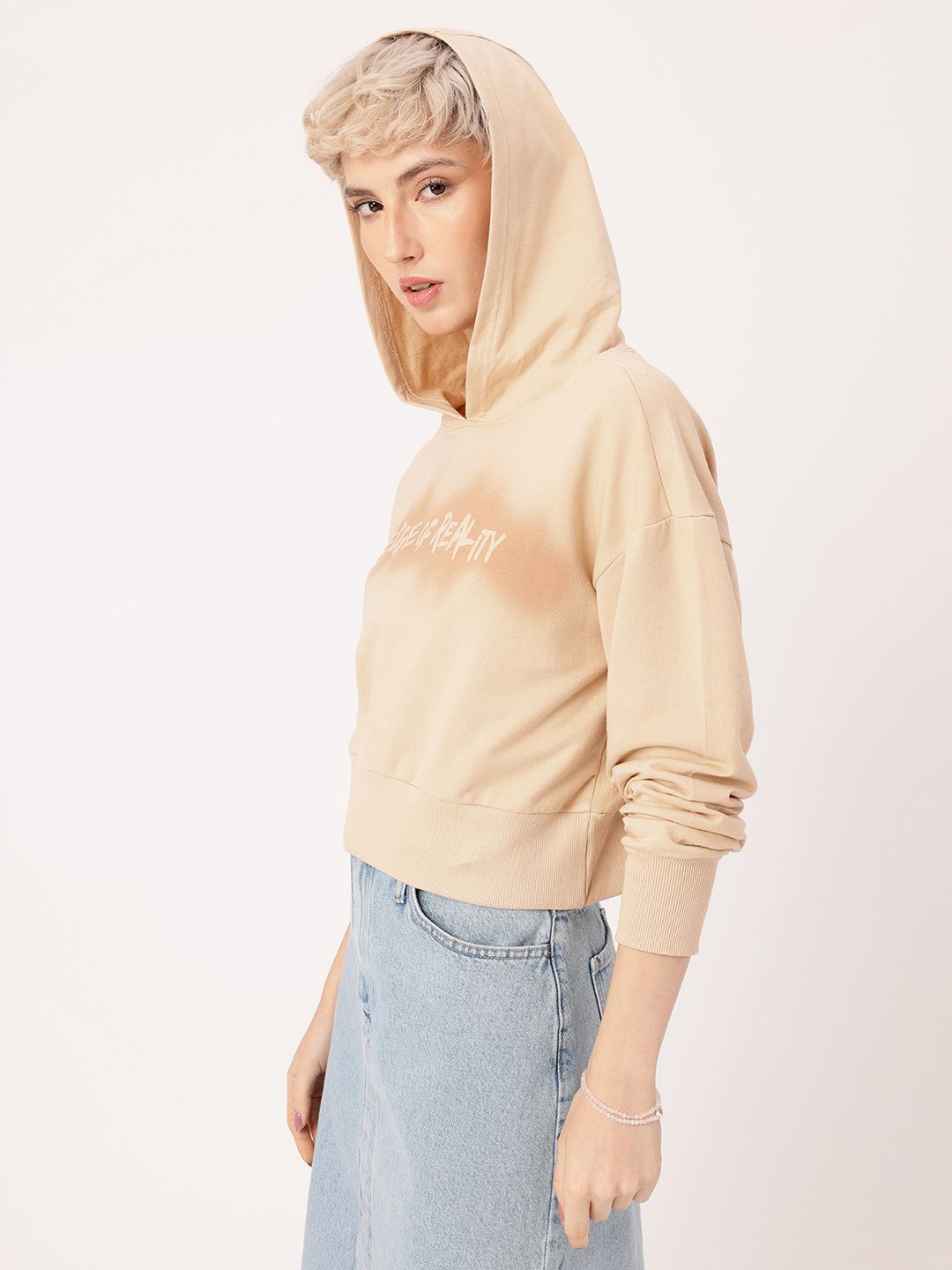 DressBerry Printed Cotton Terry Boxy Fit Hooded Sweatshirt