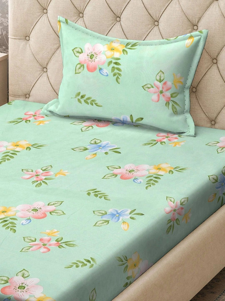 Moda Rapido X KLOTTHE Green & Pink Floral 300 TC Single Bedsheet with 1 Pillow Covers