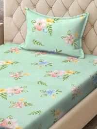 Moda Rapido X KLOTTHE Green & Pink Floral 300 TC Single Bedsheet with 1 Pillow Covers