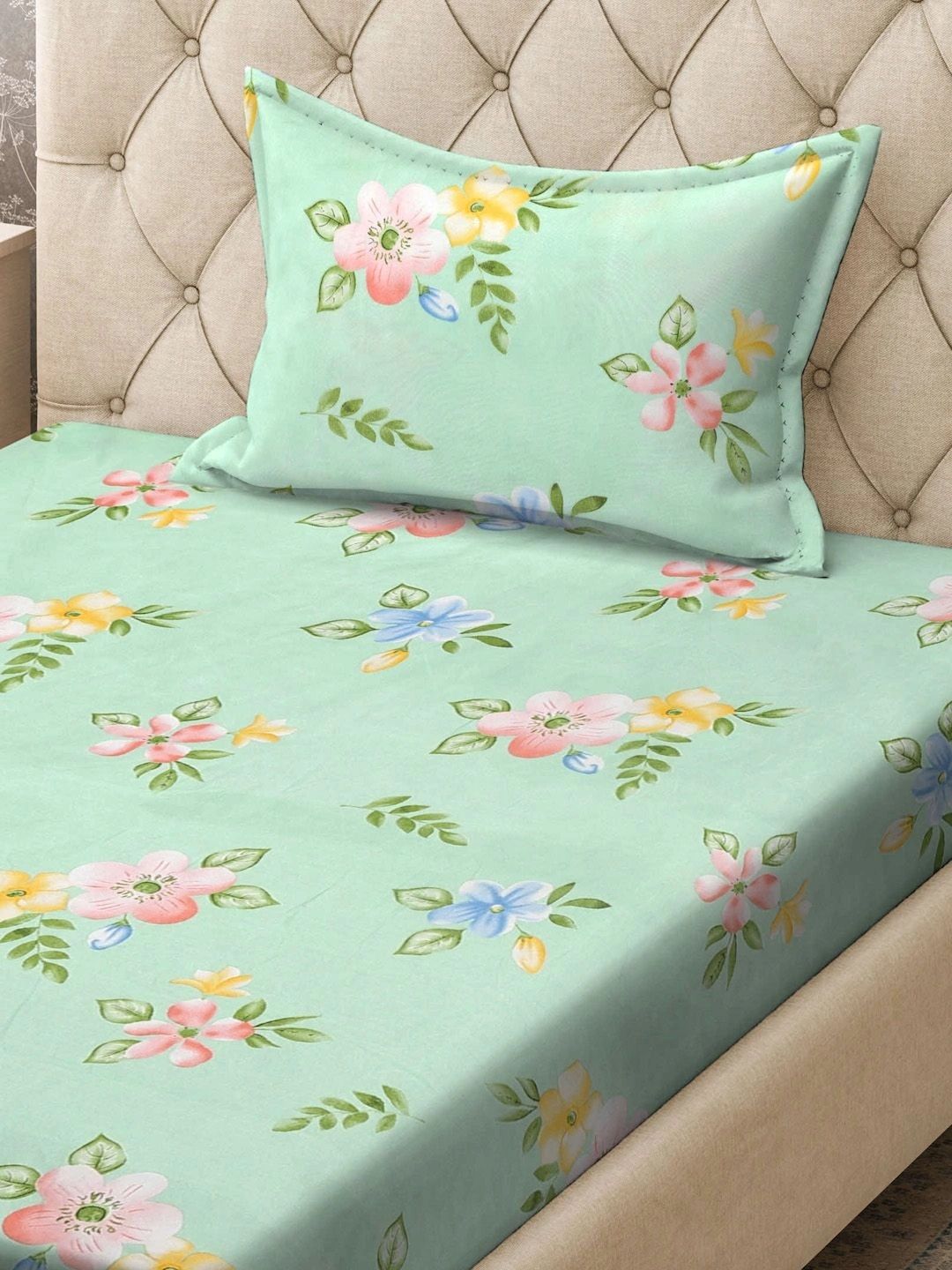 Moda Rapido X KLOTTHE Green & Pink Floral 300 TC Single Bedsheet with 1 Pillow Covers