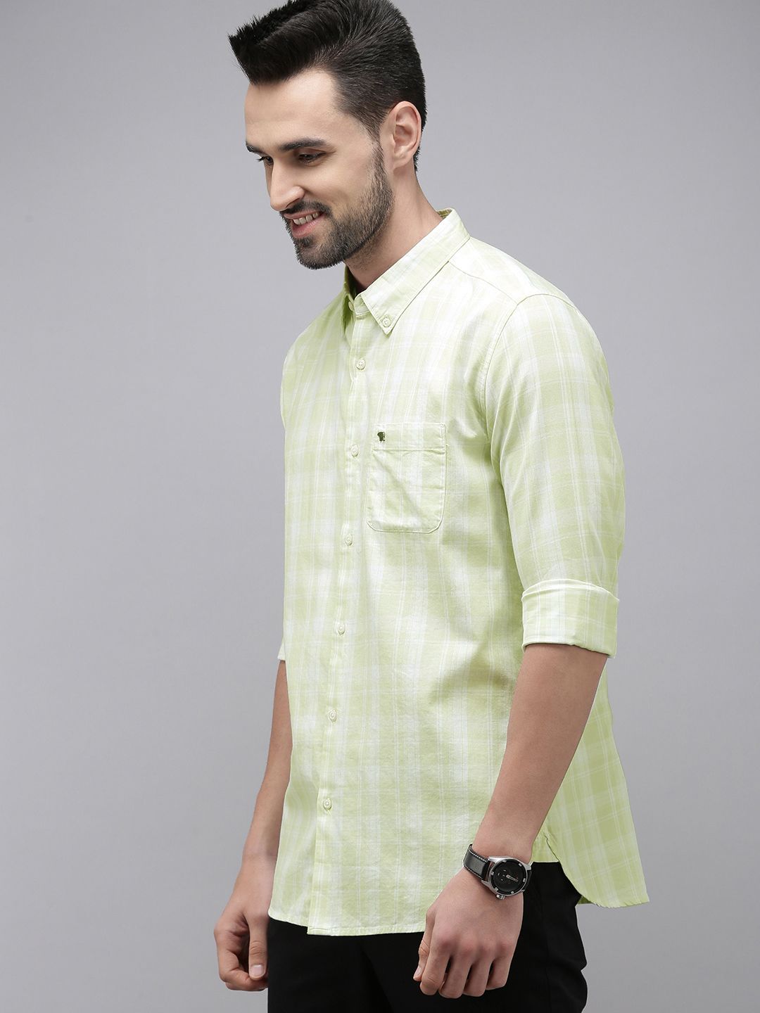 THE BEAR HOUSE Men Green Slim Fit Tartan Checks Checked Casual Shirt