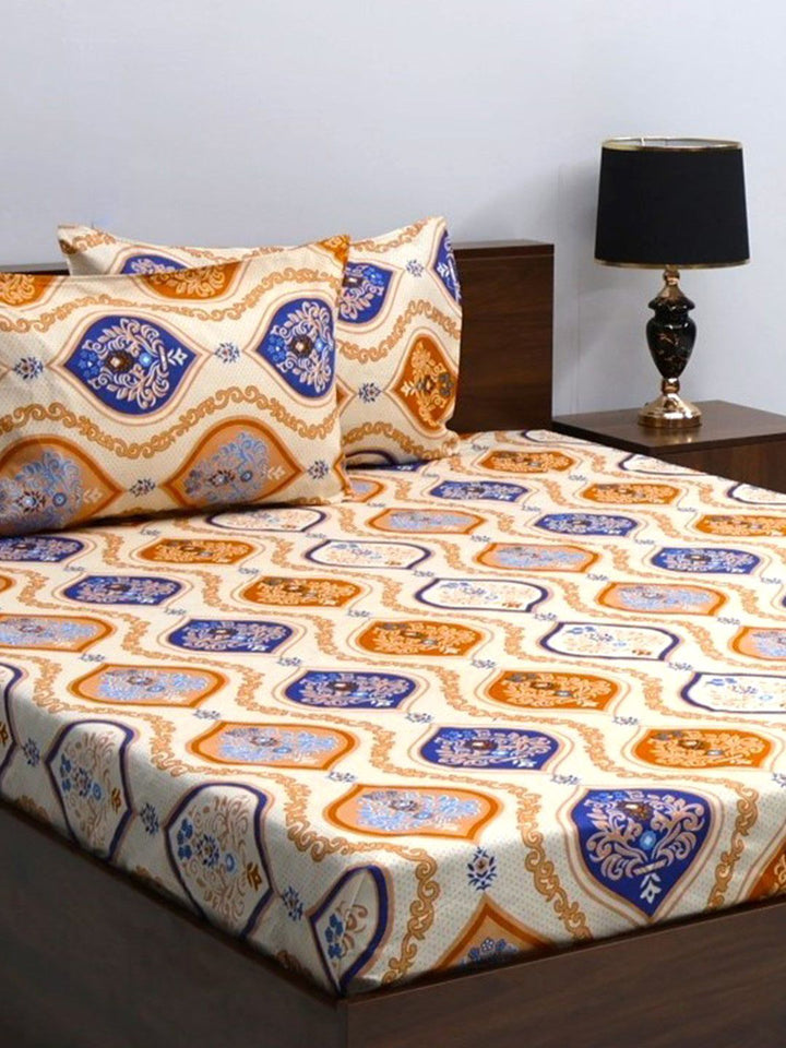 BOMBAY DYEING Vista Yellow & White Ethnic Motifs 144 TC Queen Bedsheet & 2 Pillow Covers