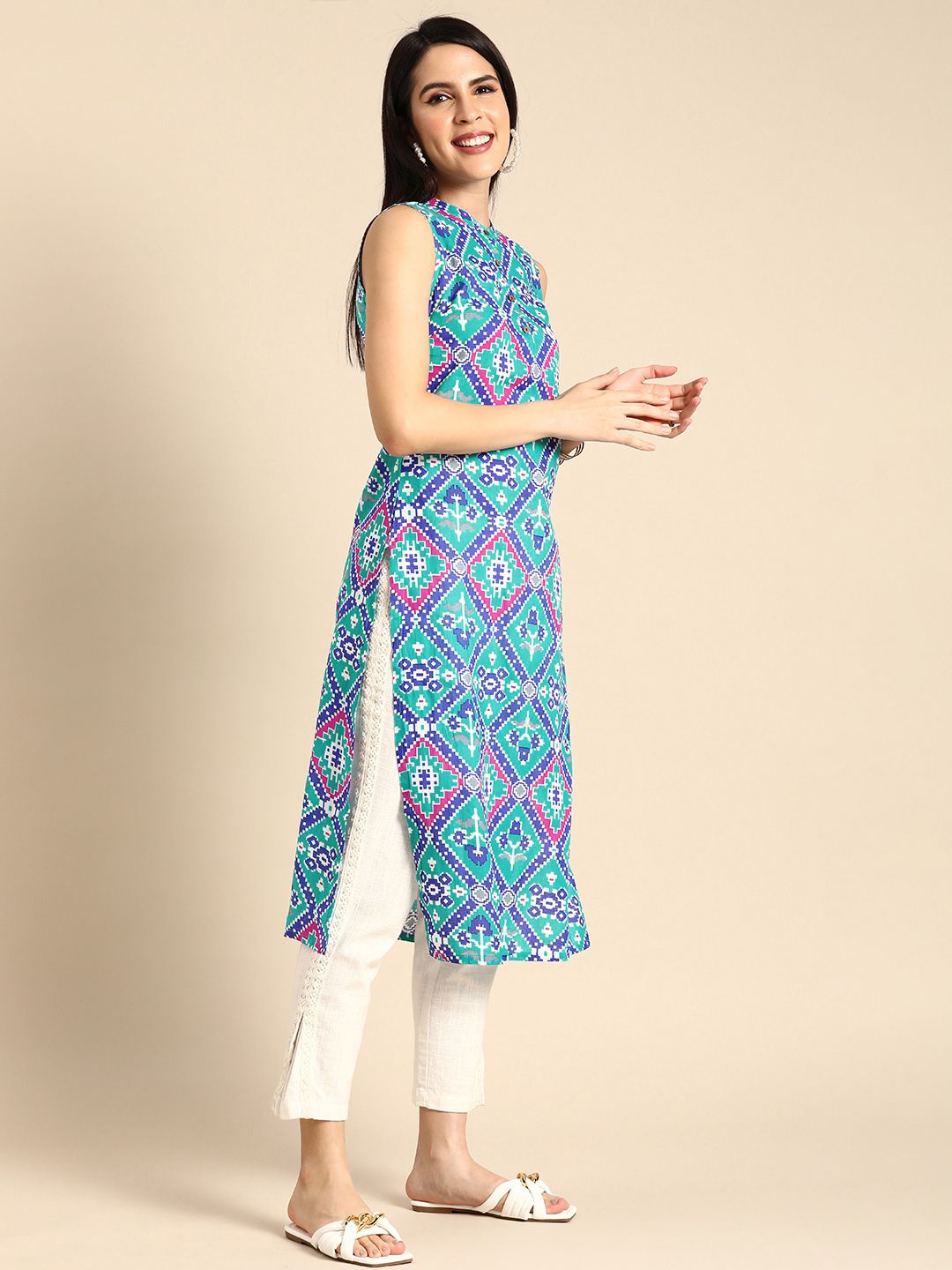 Anouk Women Geometric Print Band Collar Pure Cotton Straight Kurta
