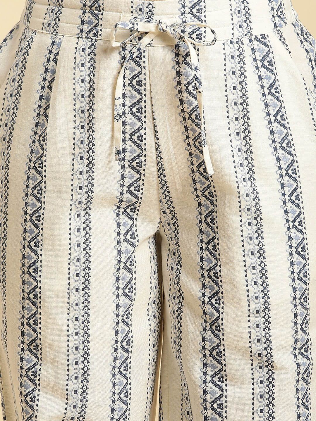 W Women Straight Fit Mid-Rise Ethnic Motifs Printed Plain Trousers