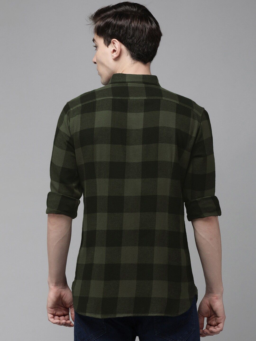 THE BEAR HOUSE Men Olive Green Slim Fit Pure Cotton Checked Casual Shirt