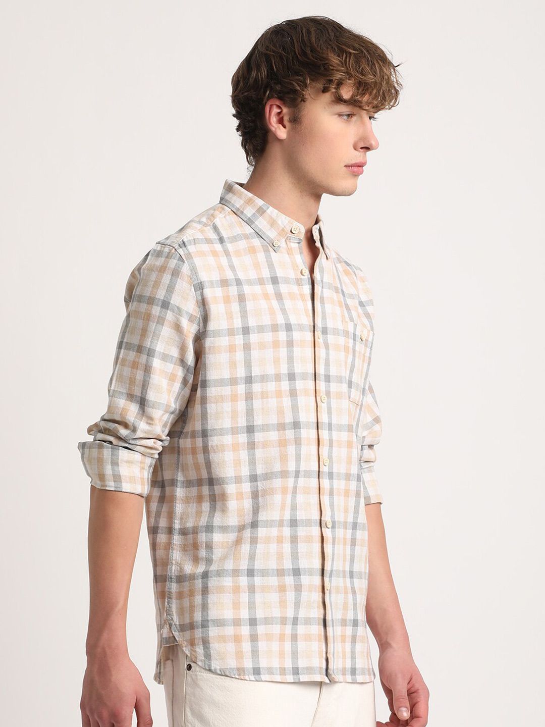 THE BEAR HOUSE Tartan Checked Slim Fit Cotton Linen Casual Shirt