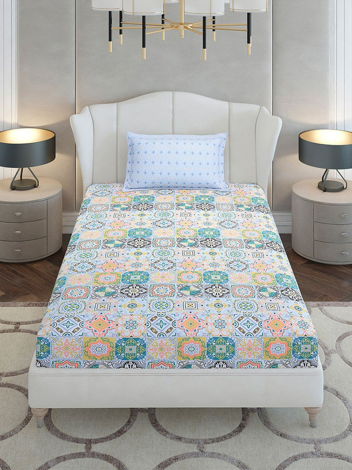 Monte Carlo White & Blue Ethnic Motifs Printed 144 TC Single Bedsheet Set 2.29 m x 1.52 m
