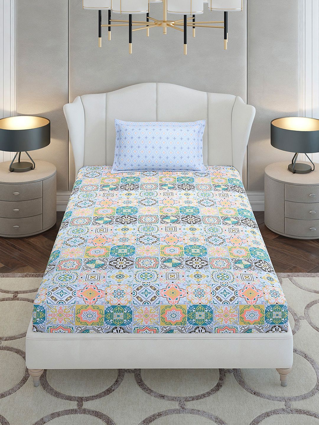 Monte Carlo White & Blue Ethnic Motifs Printed 144 TC Single Bedsheet Set 2.29 m x 1.52 m