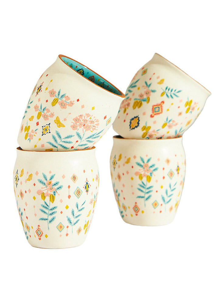 Chumbak Cream-Coloured & Green 4-Pieces Floral Printed Ceramic Glossy Cups 200 ml Each