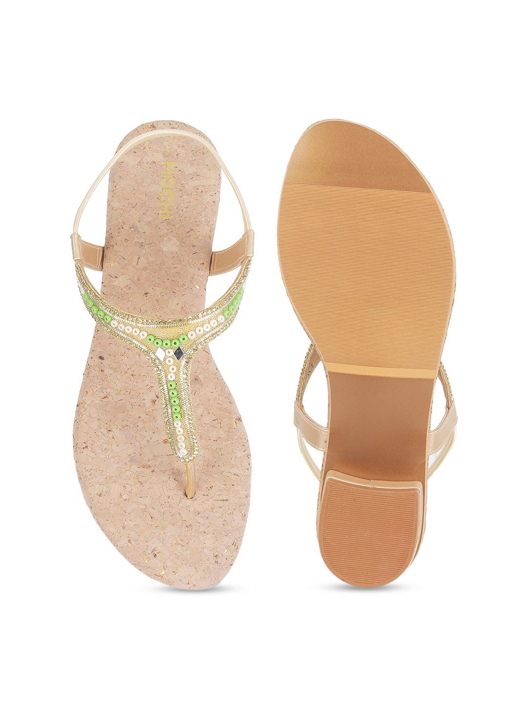 Mochi Embellished T-Strap Heels With Backstrap