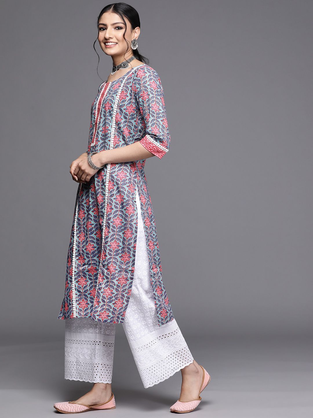 Libas Women Blue & Pink Floral Motifs Printed Kurta