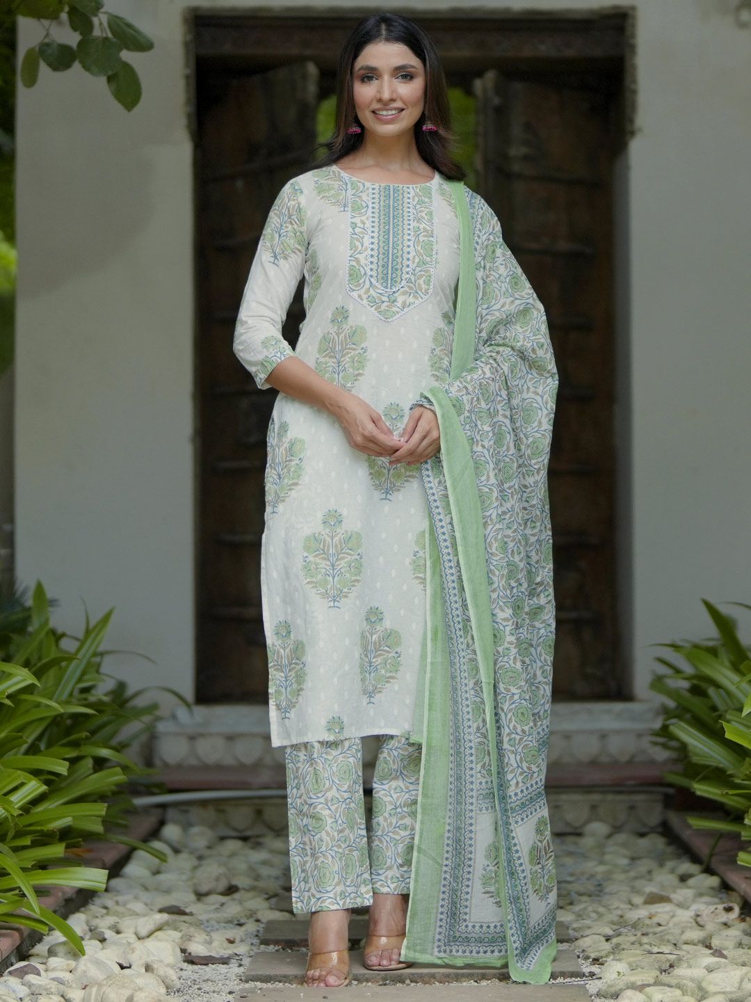 Libas Floral Printed Gotta Patti Pure Cotton Straight Kurta with Trousers & Dupatta