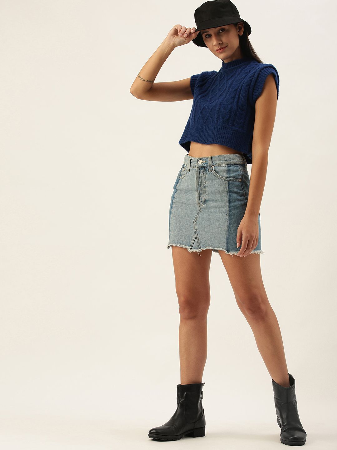 STREET 9 Women Navy Blue Acrylic Cable Knit Crop Sweater Vest