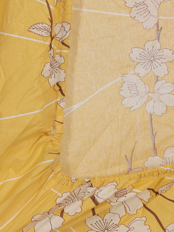 KLOTTHE Yellow & White Floral-Printed 400TC Pure-Cotton Fitted Single Bedsheet Set