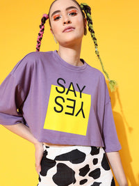 STREET 9 Women Lavender Printed Cotton Drop-Shoulder Sleeves Bio Finish Boxy T-shirt