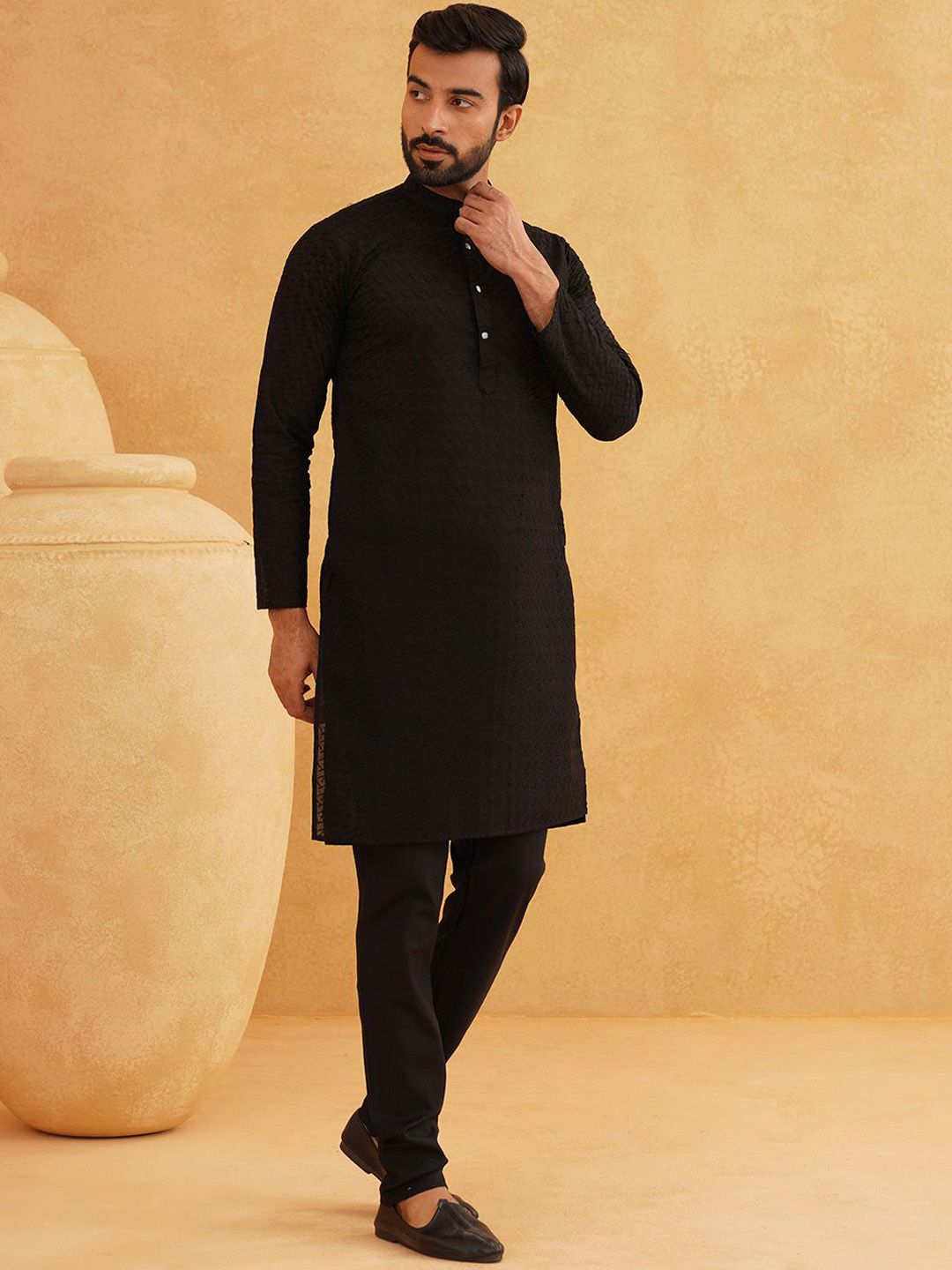 SOJANYA Geometric Embroidered Regular Pure Cotton Straight Kurta With Churidar