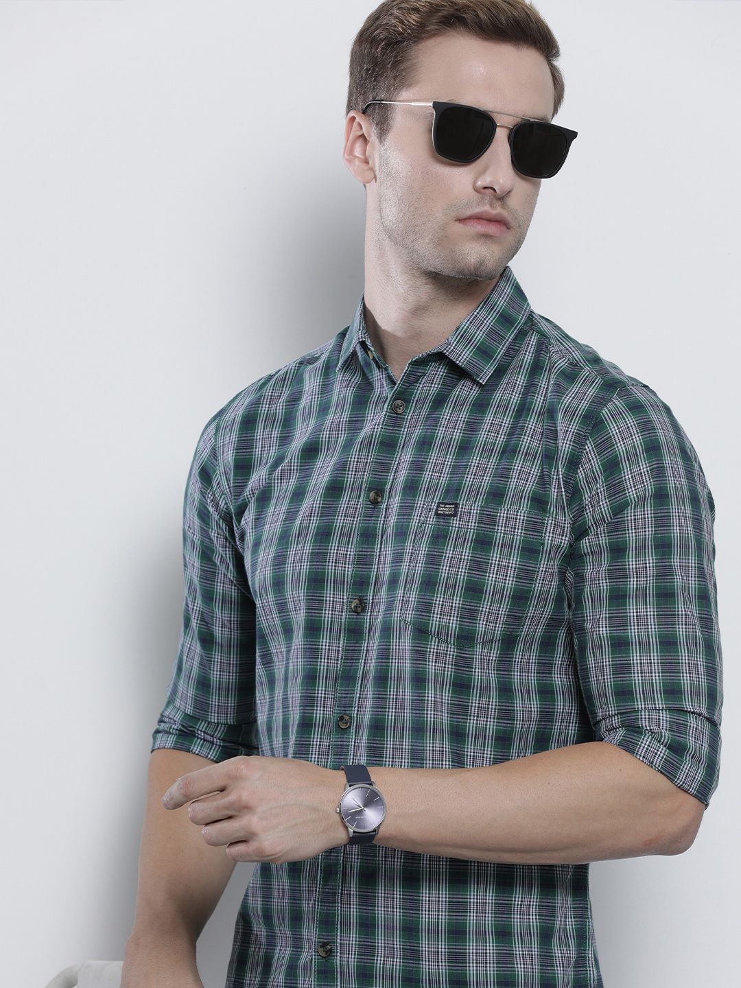 The Indian Garage Co Men Green & White Checked Cotton Casual Shirt