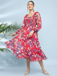 Antheaa Floral Printed Puff Sleeve Chiffon A-Line Midi Dress