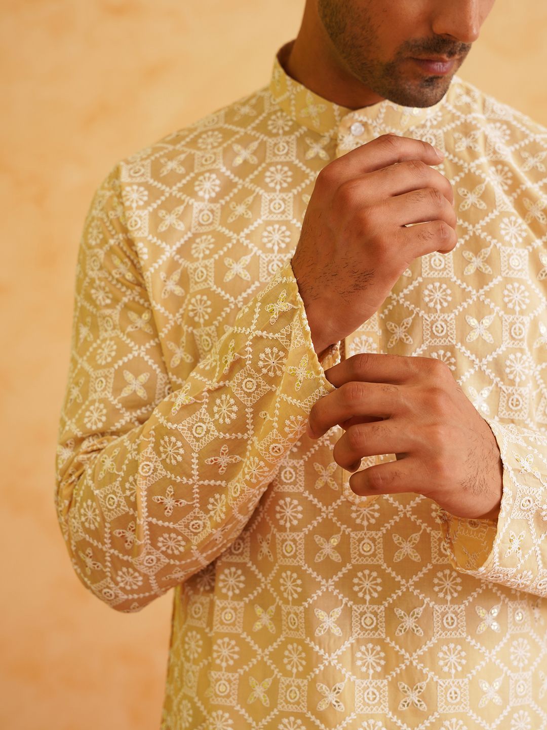 SOJANYA Motif Etnik Bersulam Kolar Mandarin Benang Kerja Kurta Lurus Kapas Tulen